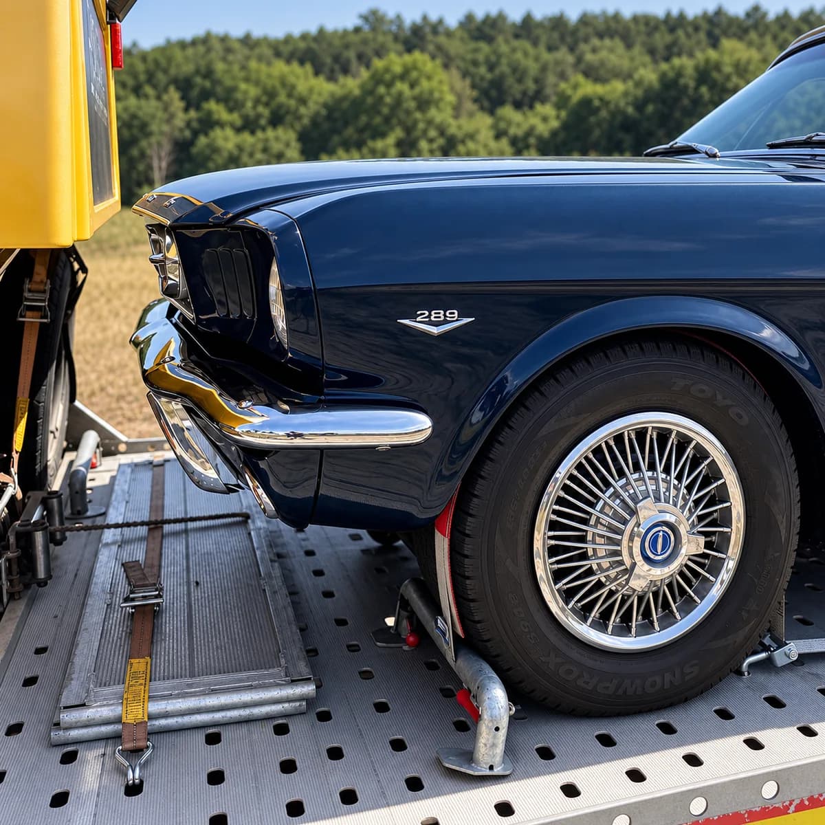 Detail of a classic Ford Mustang and its wheel on a car transporter