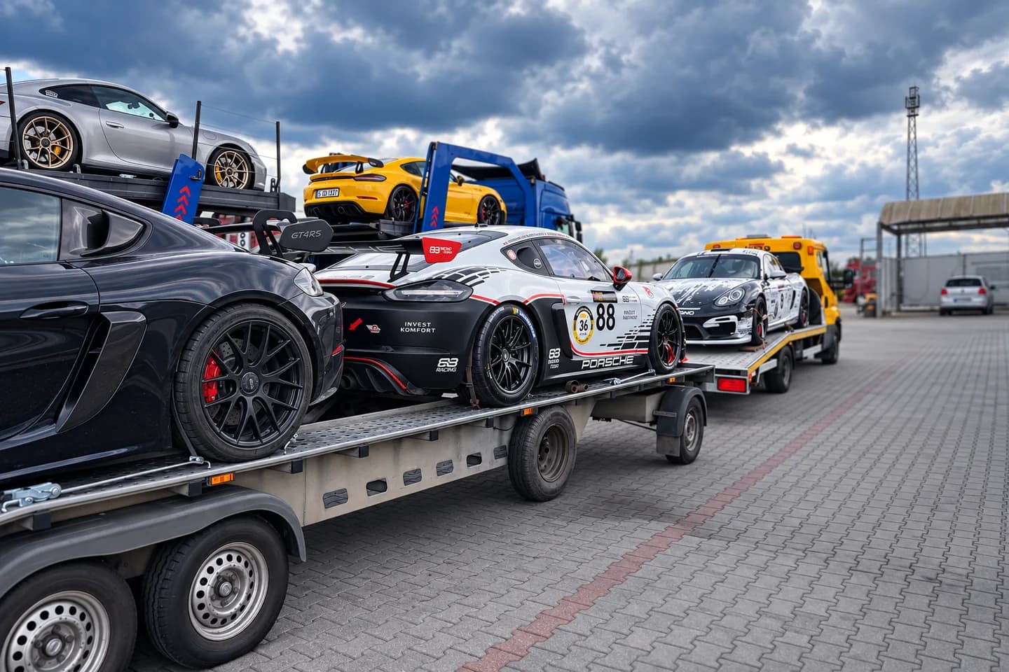 Several Porsche sports cars on car transporters