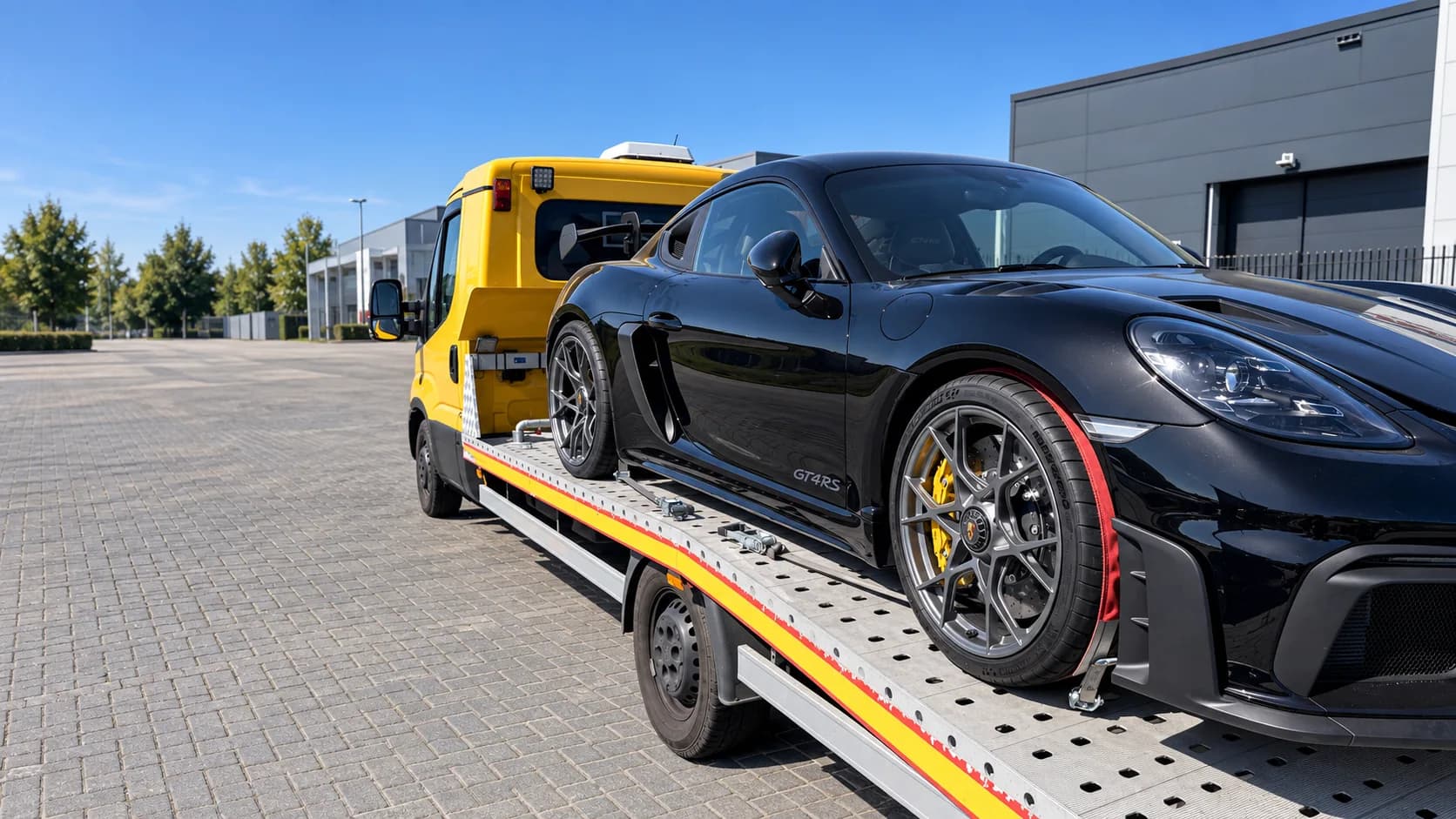 Black Porsche GT4 RS on a yellow car transporter